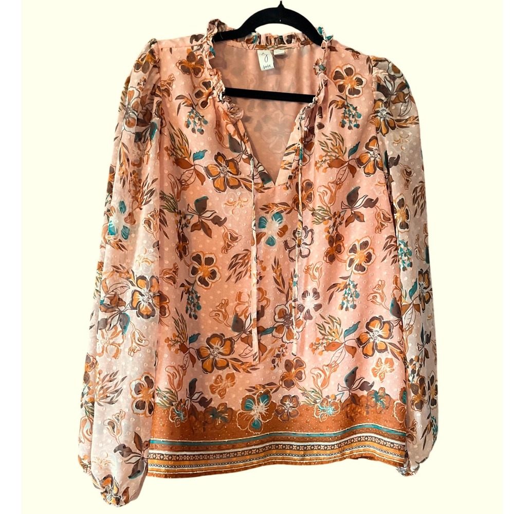 Joie Peach Floral Ruffle Neck Tie Blouse M/M